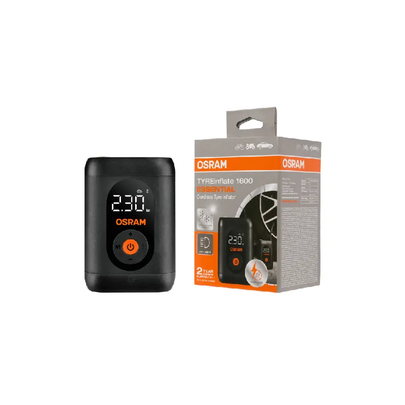 Ultimissimo Modello TYREinflate 1600 ESSENTIAL Osram – Compressore Gonfia pneumatici digitale compatto ricaricabile con funzione Auto-Stop