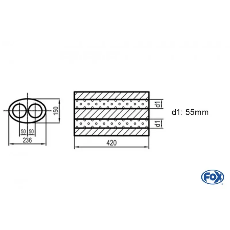 silenziatore universale ovale doppio flusso - cieco 618 d1Ø 55mm lunghezza 420mm (Cod. UNI-D618420 Offerta