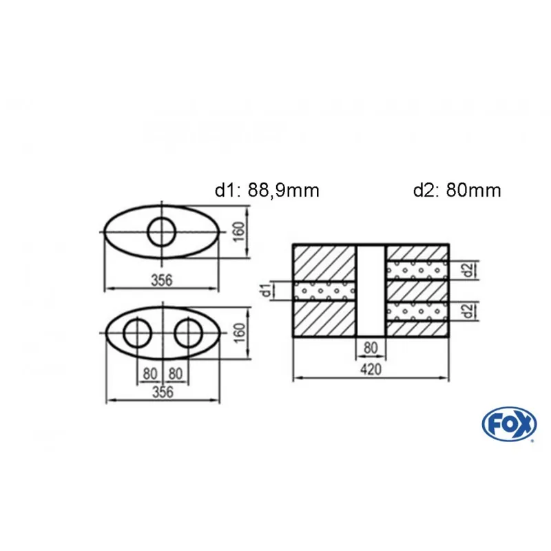 Universal-Silenziatore ovale Doppio flusso con camera - Blank 818 D1Ø 88,9 mm D2Ø 80mm - Lunghezza Bestseller