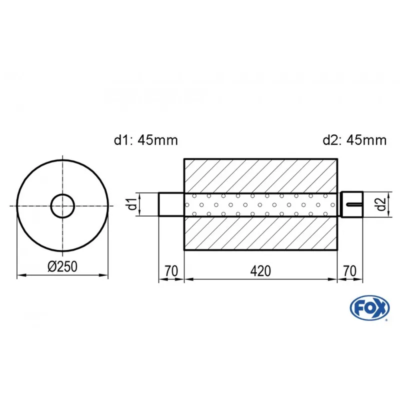 Sconto Universal-Silencer Round with Pipe Union - Blank 784 D1 45mm, D2 45mm interno - Lunghezza 420mm -
