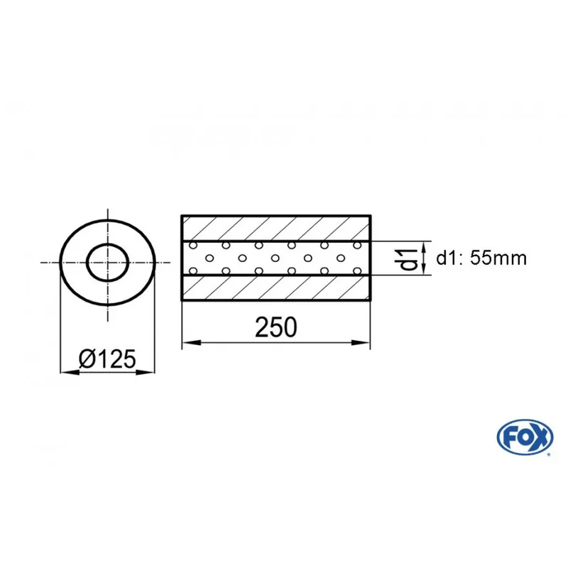 Professionale Universal-Silenziatore rotondo senza pipa - Ø 125mm D1Ø 55mm Lunghezza 250mm (Cod. UNI-39025055o)