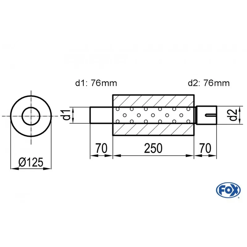 Universal-Silenziatore rotondo con unione con tubi - Ø 125mm D1Ø 76mm D2 Ø 76,5 mm Lunghezza 250 Non Perdere