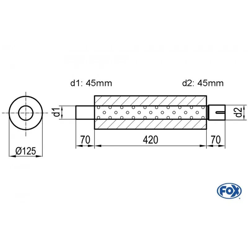 Di Tendenza Universal-Silenziatore rotondo con unione con tubi - Ø 125mm D1Ø 45mm D2 Ø 45,5mm Lunghezza 420m