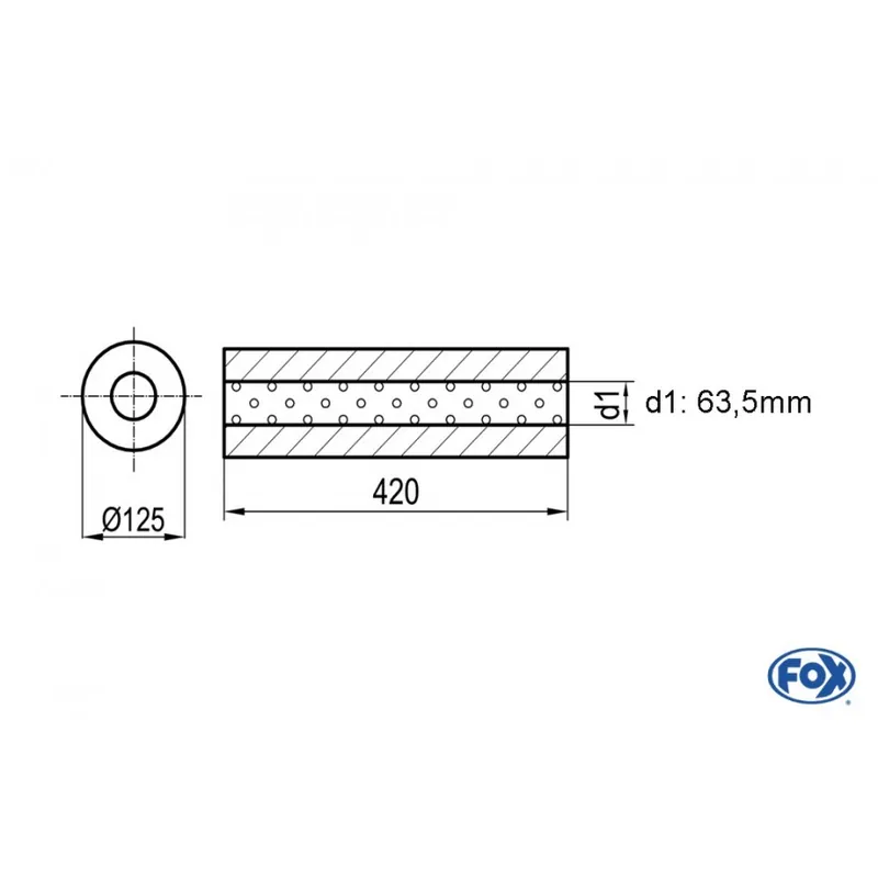 Solo Oggi Universal-Silencer rotondo senza tubo Unione - Ø 125mm D1Ø 63,5 mm Lunghezza 420mm (Cod. UNI-3904