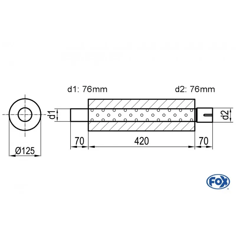 Universal-Silenziatore rotondo con unione con tubi - Ø 125mm D1Ø 76mm D2 Ø 76,5 mm Lunghezza 420 Pagamento Sicuro