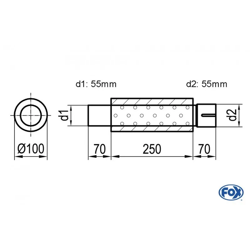 Promozione Universal-Silenziatore rotondo con unione con tubi - Ø 100mm D1Ø 55mm D2 Ø 55,5mm Lunghezza 250m