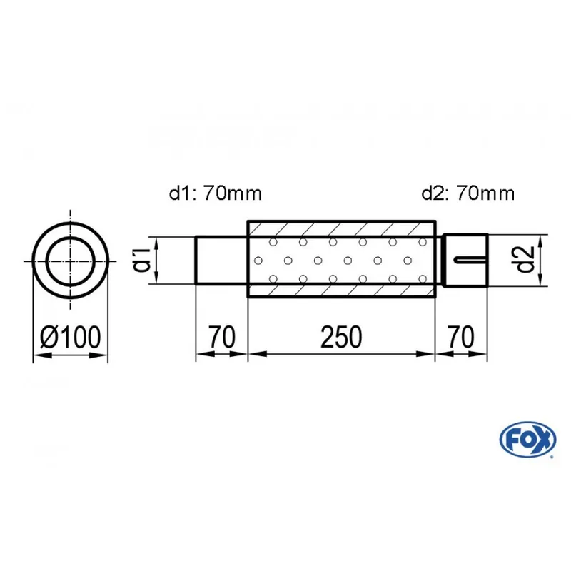 Esclusivo Universal-Silenziatore rotondo con unione con tubi - Ø 100mm D1Ø 70mm D2 Ø 70,5mm Lunghezza 250m