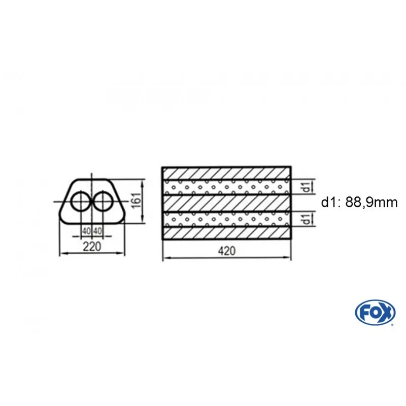 Universal-Silencer Trapeze Doppio flusso - Vuoto 644 D1Ø 88mm Lunghezza 420mm (Cod. UNI-D64442088) Professionale