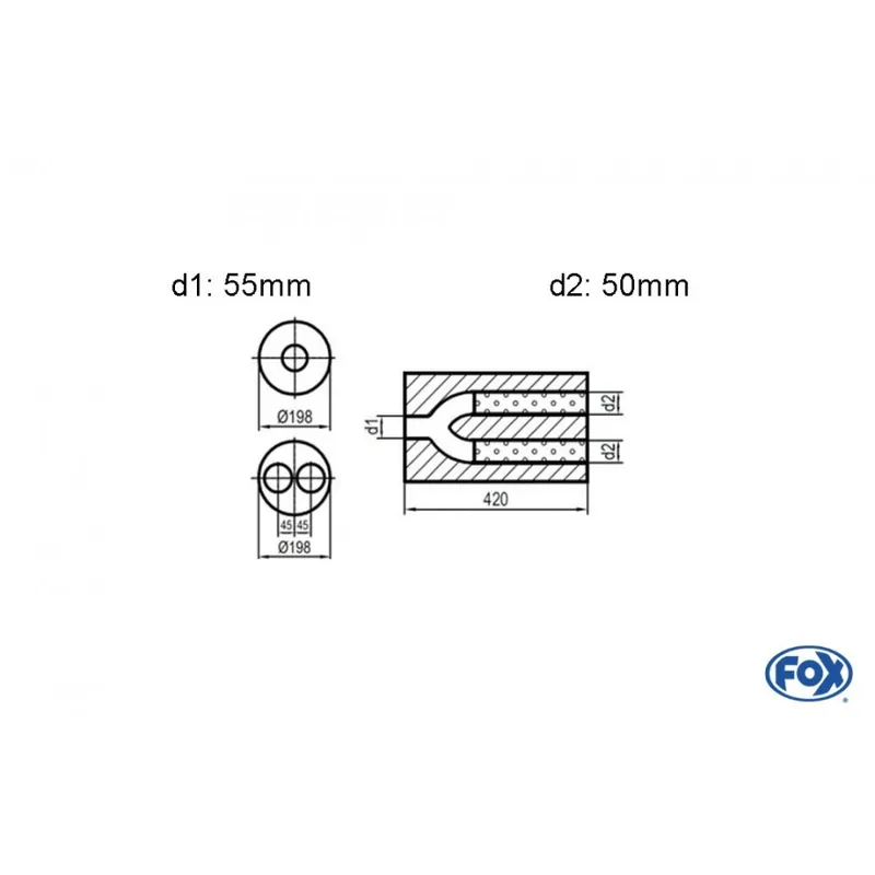 Affare Doppio flusso rotondo del silenziatore universale con Y-RIG. - Blank D1Ø 55mm D2 Ø 2x50mm Lunghezz