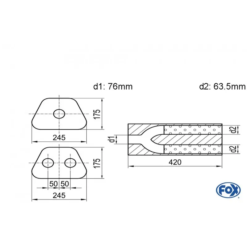 Pagamento Sicuro Doppio flusso ovale del silenziatore universale con y-constr .- Blank 71 D1Ø 76mm D2 Ø 63,5mm Lung