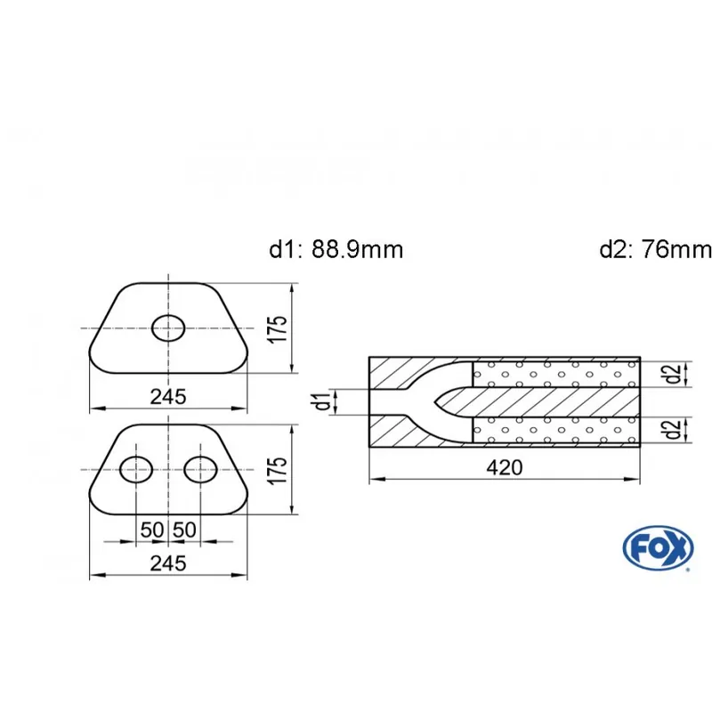 Universale-Sil. TRAPEZ Doppio flusso con Y-RIGN.- Blank 71 D1Ø 88,9 mm interno / 2x D2 Ø 70mm Dent Popolare