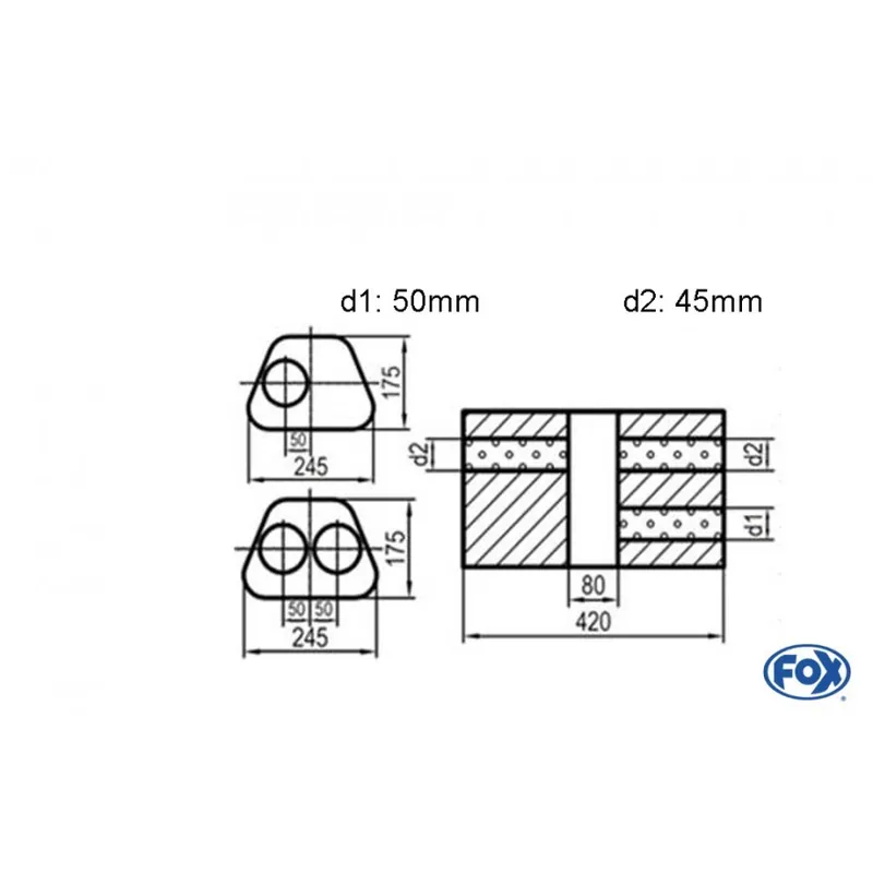 Reso Gratuito Universal-Silencer Trapeze Doppio flusso con camera - Blan D1Ø 50mm D2 Ø 45mm Lunghezza 420mm - V