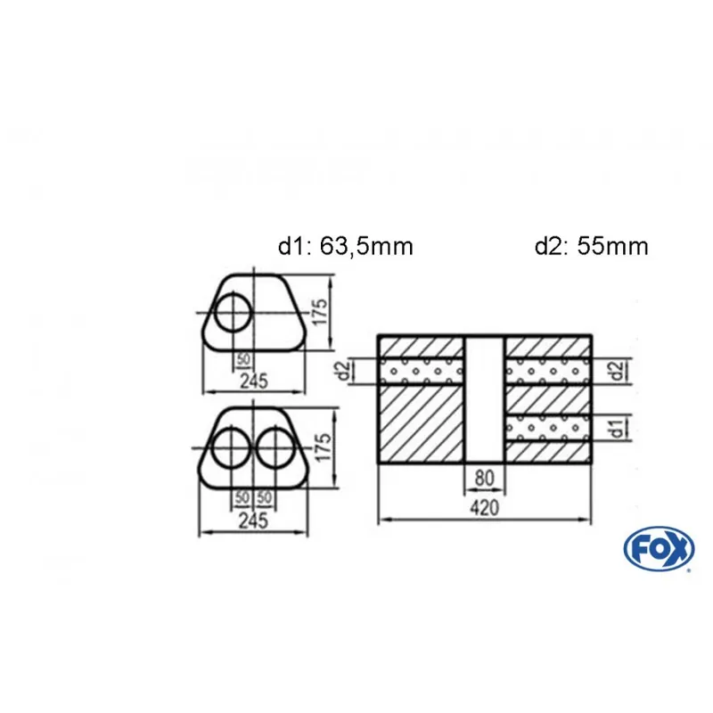 Vendita Finale Universal-Silencer Trapeze Doppio flusso con camera - Blan D1Ø 63,5 mm D2 Ø 55mm Lunghezza 420mm