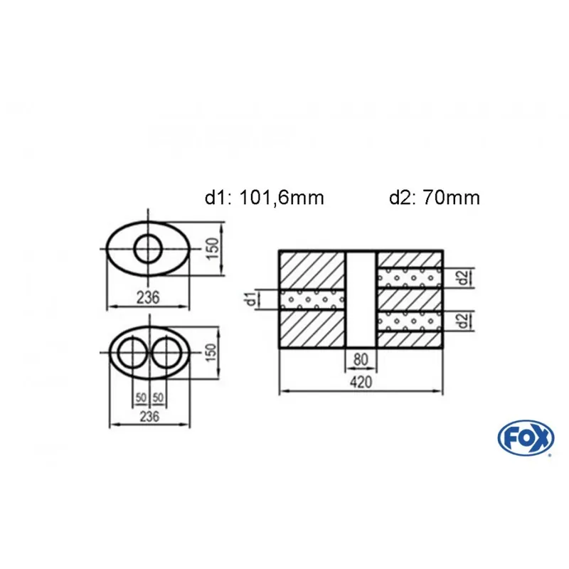 Universal-Silenziatore ovale Doppio flusso con camera - Blank 618 D1Ø 101,6mm D2 Ø 70mm Lunghezza Offerta Del Giorno