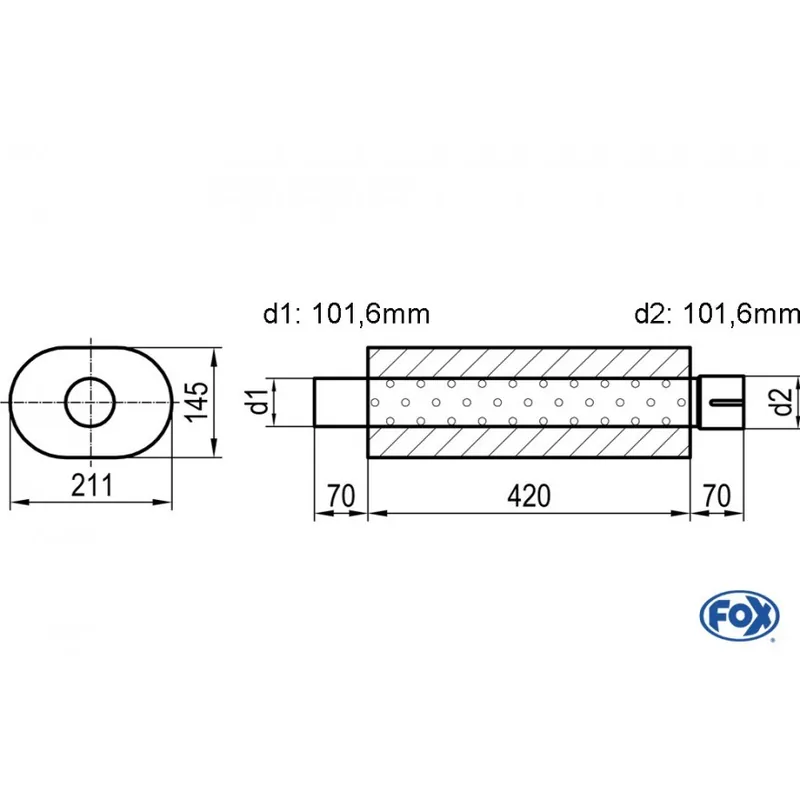 Universal-Silencenere ovale con unione con tubi - Blank 585 D1Ø 104 mm esterno - D2 Ø 101mm intern Reso Gratuito