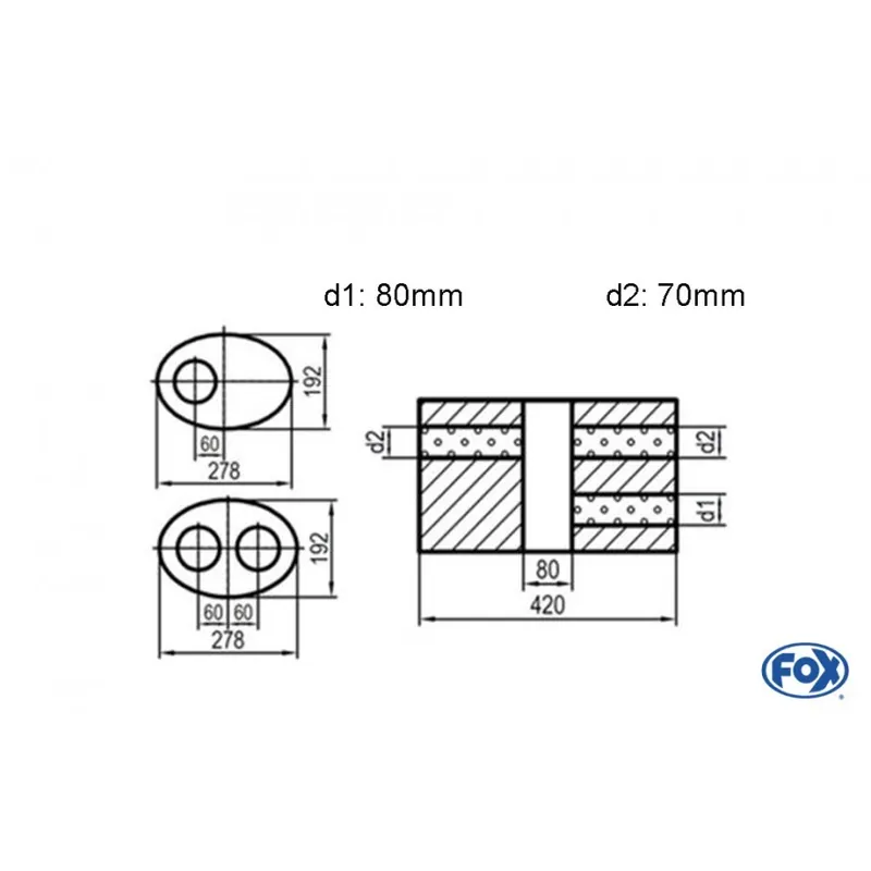 Universal-Silenziatore ovale Doppio flusso con camera - Blank 754 D1Ø 80mm D2Ø 70mm Lunghezza 420 Esclusivo