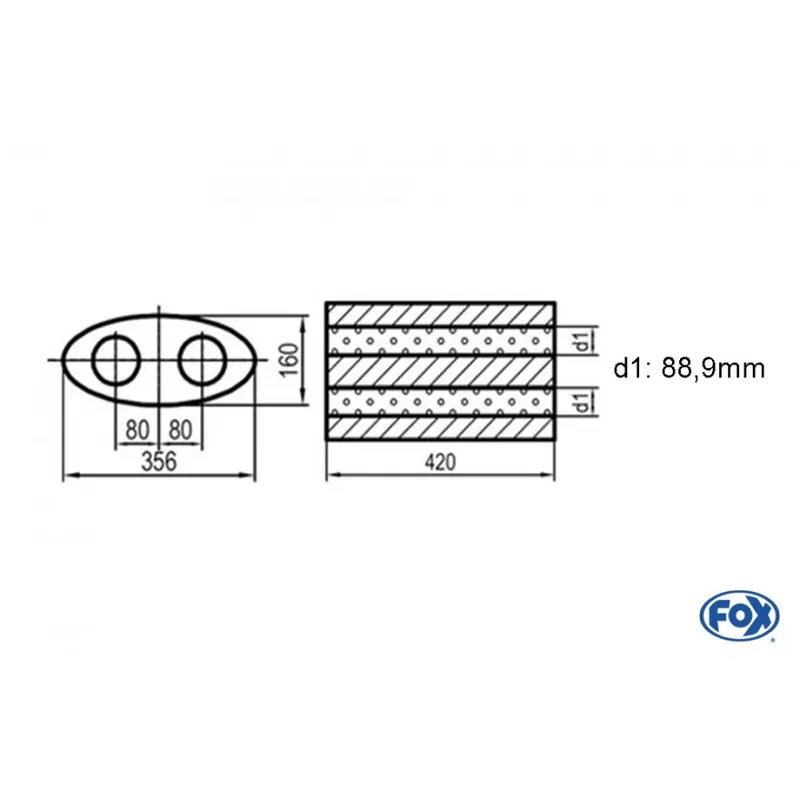 Doppia flusso ovale universale-silenziatore - Blank 818 D1Ø 88,9mm Lunghezza 420mm (Cod. UNI-D8184 Prezzo Di Fabbrica