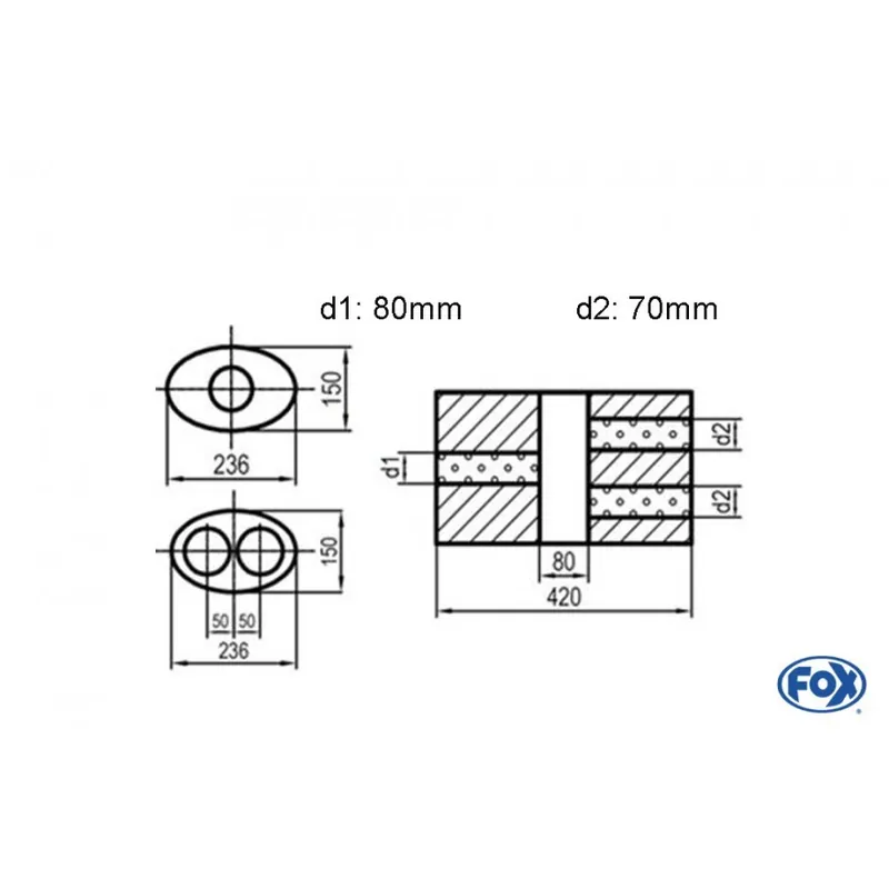 Esclusivo Universal-Silenziatore ovale Doppio flusso con camera - Blank 618 D1Ø 80mm D2 Ø 70mm Lunghezza 42