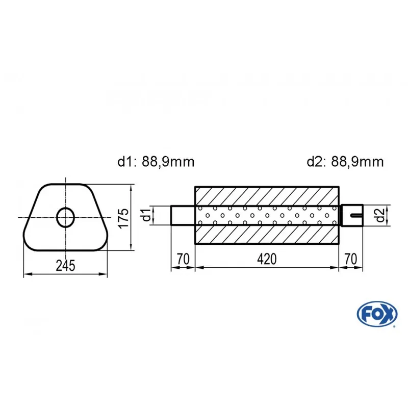 Universal-Silencer Trapeze con pipe Union - Blank 711 D1Ø 88,9 mm esterna - D2 Ø 88,9 mm all‘inter Economico