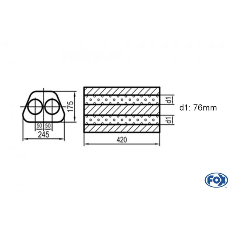 Solo Oggi Universal-Silencer Trapeze Doppio flusso - Vuoto 711 D1Ø 76mm esterno - Lunghezza 420mm (Cod. UNI-